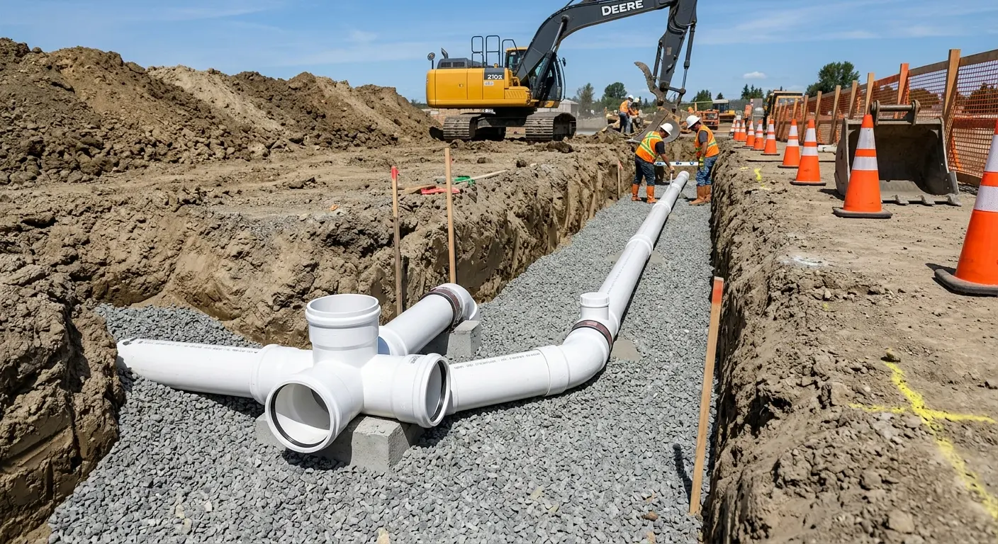 New PVC sewer pipe installation in open trench for Grease Trap Cleaning in Oregon City