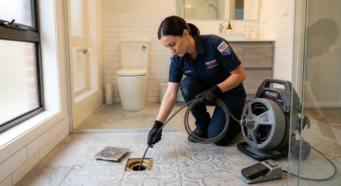 Technician clearing a bathroom floor drain for Hydro Jetting in Oregon City
